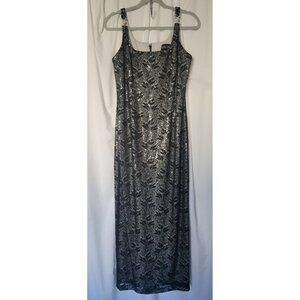 Bari Jay Black Lace over White Sequin  Long Dress w Back Slit Sleeveless sz 7-8